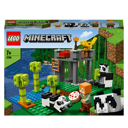 LEGO® Minecraft Panda Nursery Building Set 21158 featuring pandas, nursery, and a builder by a stream.
