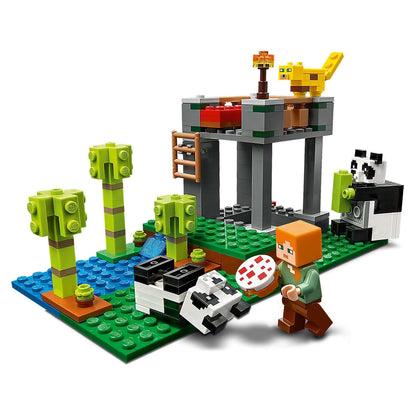 LEGO® Minecraft The Panda Nursery set showcasing pandas, a player character, and vibrant greenery elements.