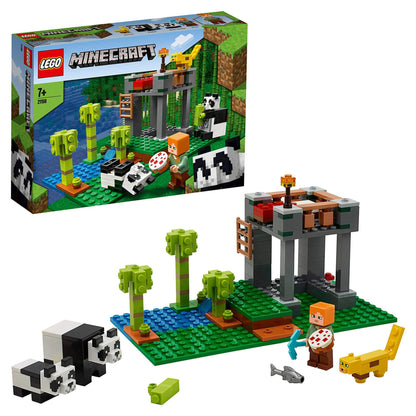 LEGO Minecraft The Panda Nursery Set 21158 featuring buildable pandas, trees, and characters for fun play.