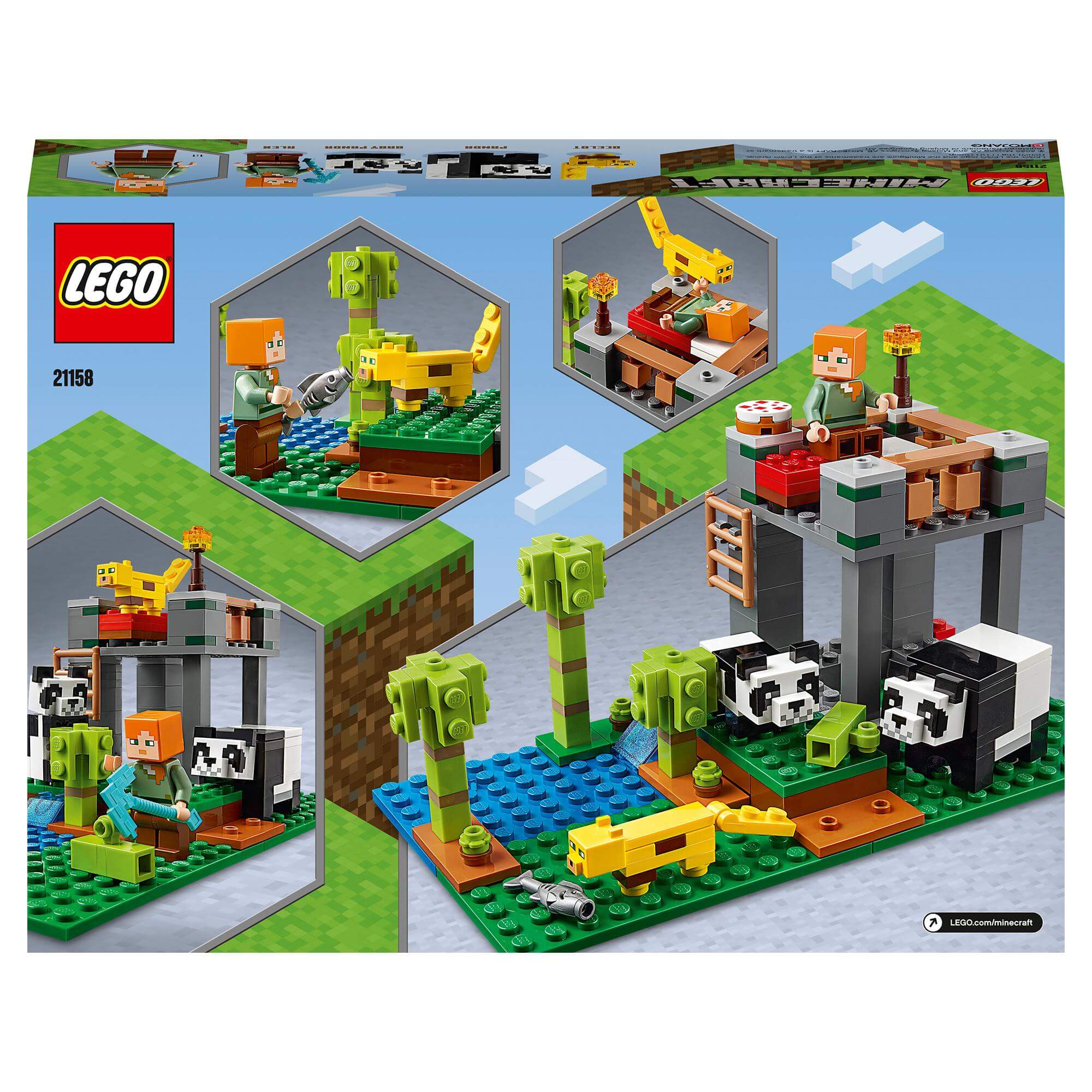 LEGO® Minecraft The Panda Nursery Set 21158 featuring pandas, caregivers, and fun play scenes with vibrant building pieces.