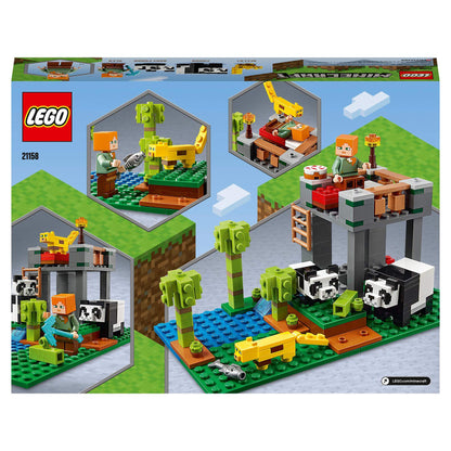 LEGO® Minecraft The Panda Nursery Set 21158 featuring pandas, caregivers, and fun play scenes with vibrant building pieces.