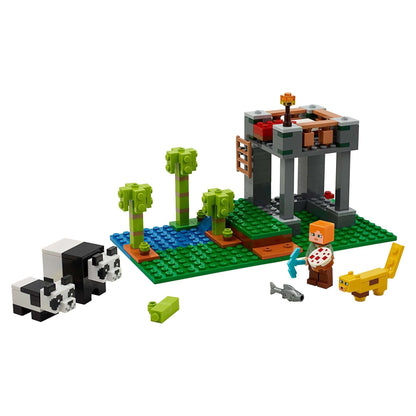 LEGO® Minecraft The Panda Nursery set 21158 with pandas, player figure, and building scene for creative play.