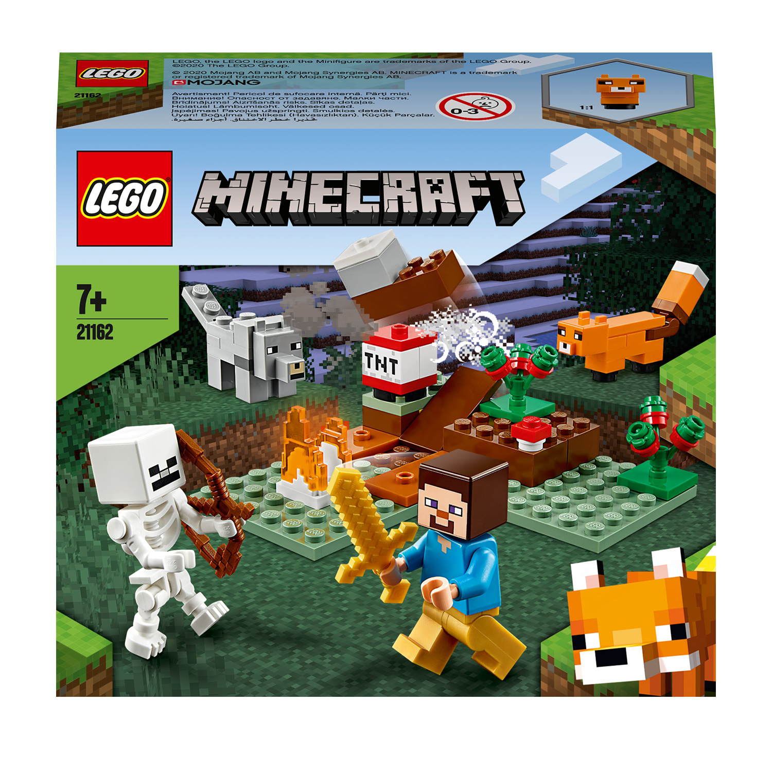 LEGO Minecraft Taiga Adventure Set 21162 features Steve, a skeleton, a fox, and a dog in a snowy biome.