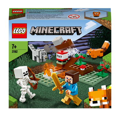 LEGO Minecraft Taiga Adventure Set 21162 features Steve, a skeleton, a fox, and a dog in a snowy biome.
