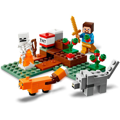 LEGO Minecraft set 21162: characters Steve, Fox, skeleton, and wolf in a Taiga adventure scene with TNT.