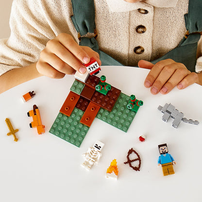 Child playing with LEGO® Minecraft set, featuring TNT and characters in a creative building scene.
