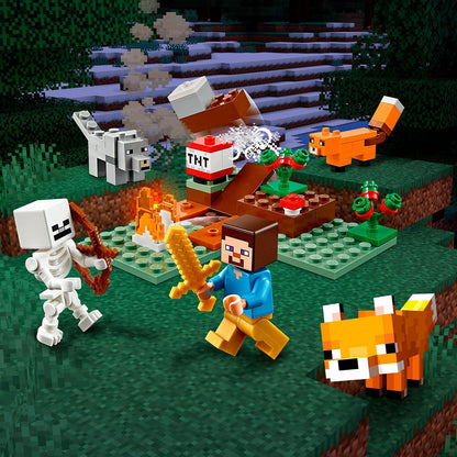 LEGO Minecraft 21162 set featuring characters including a fox, skelly, wolf, adventure scene in the Taiga biome.