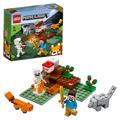 LEGO® Minecraft The Taiga Adventure Set 21162 featuring characters, TNT, and a fox in a snowy biome.