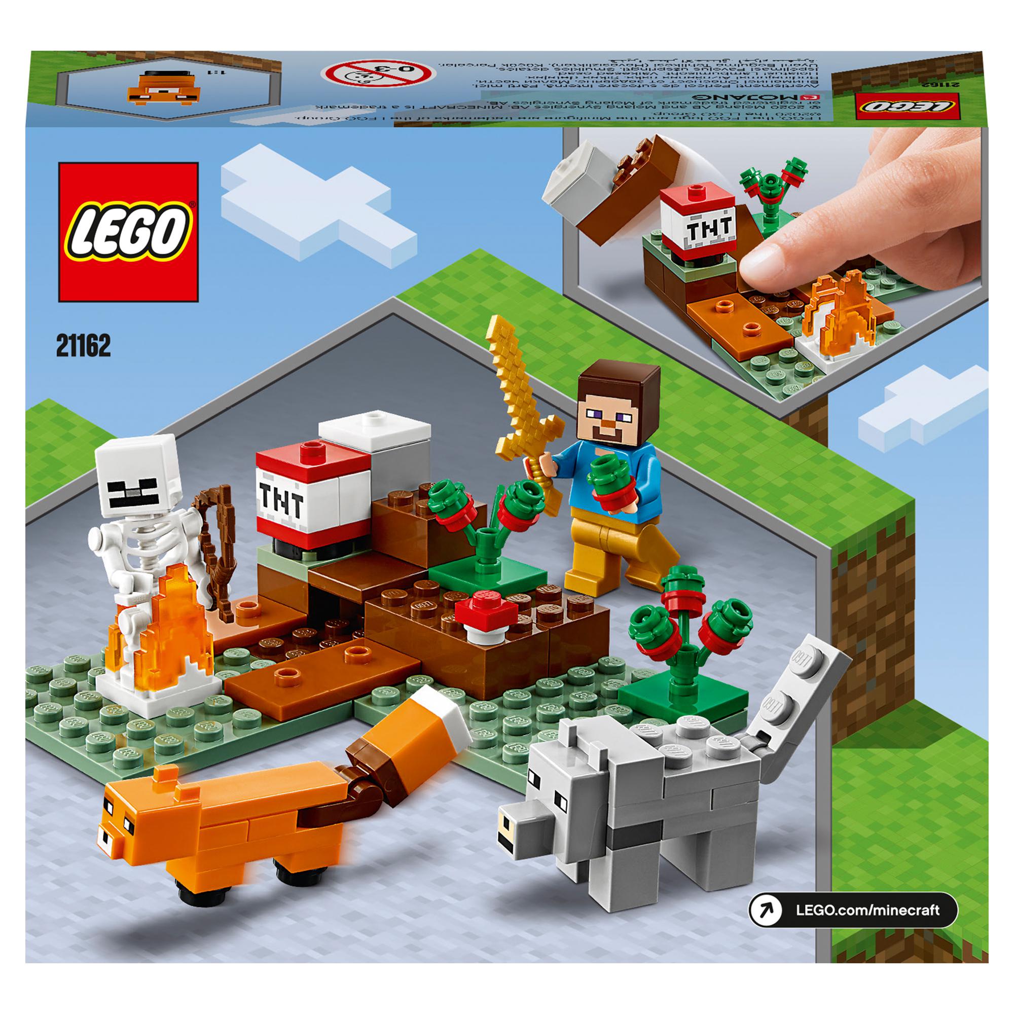 LEGO® Minecraft The Taiga Adventure Set 21162 featuring characters, TNT, and animals in a snowy biome scene.