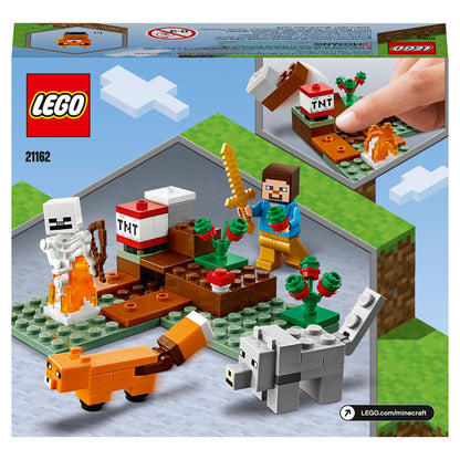 LEGO® Minecraft The Taiga Adventure Set 21162 featuring characters, TNT, and animals in a snowy biome scene.