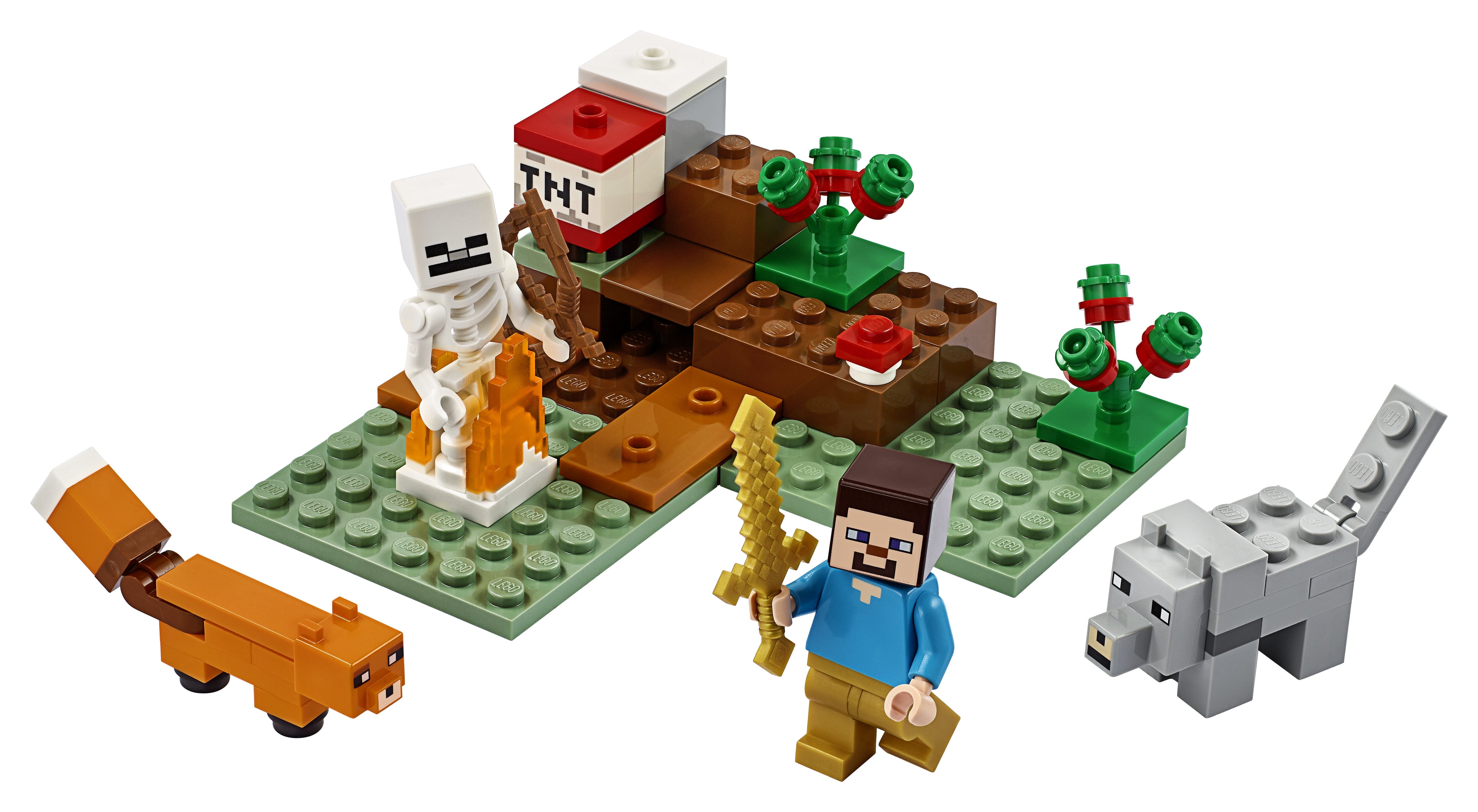 LEGO® Minecraft The Taiga Adventure Set 21162 with characters, fox, skeleton, and wolf in a snowy biome.
