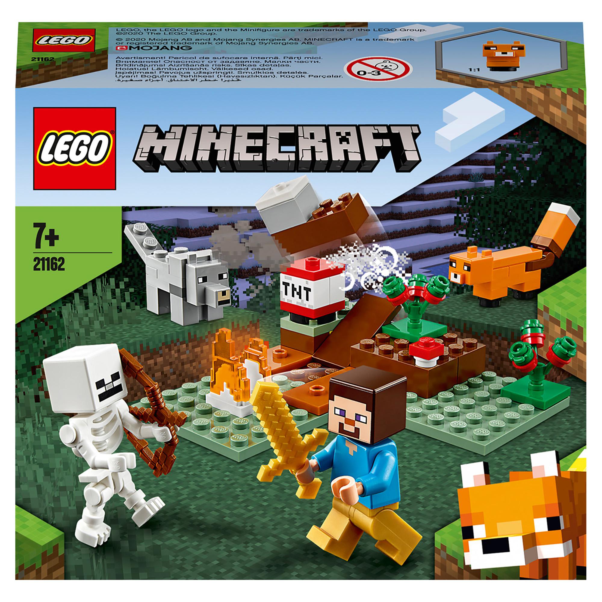 LEGO Minecraft The Taiga Adventure Set 21162 with characters in a snowy biome, featuring a fox and skeleton.