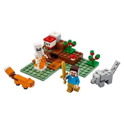 LEGO Minecraft The Taiga Adventure Set 21162 featuring characters, fox, and wolf in a mining scene.