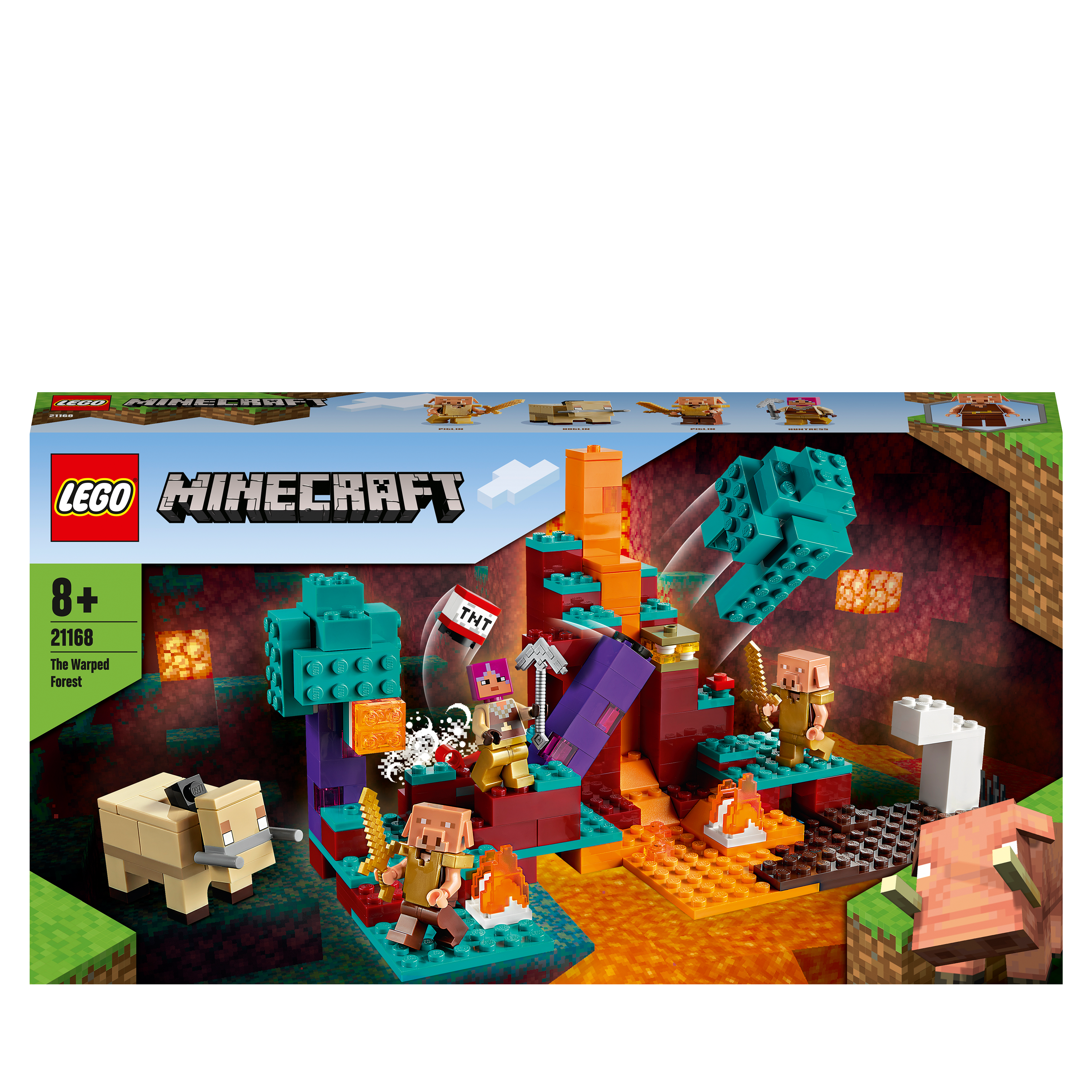 LEGO® Minecraft The Warped Forest Building Toy 21168 featuring Huntress battling enemies and fiery lava flows.