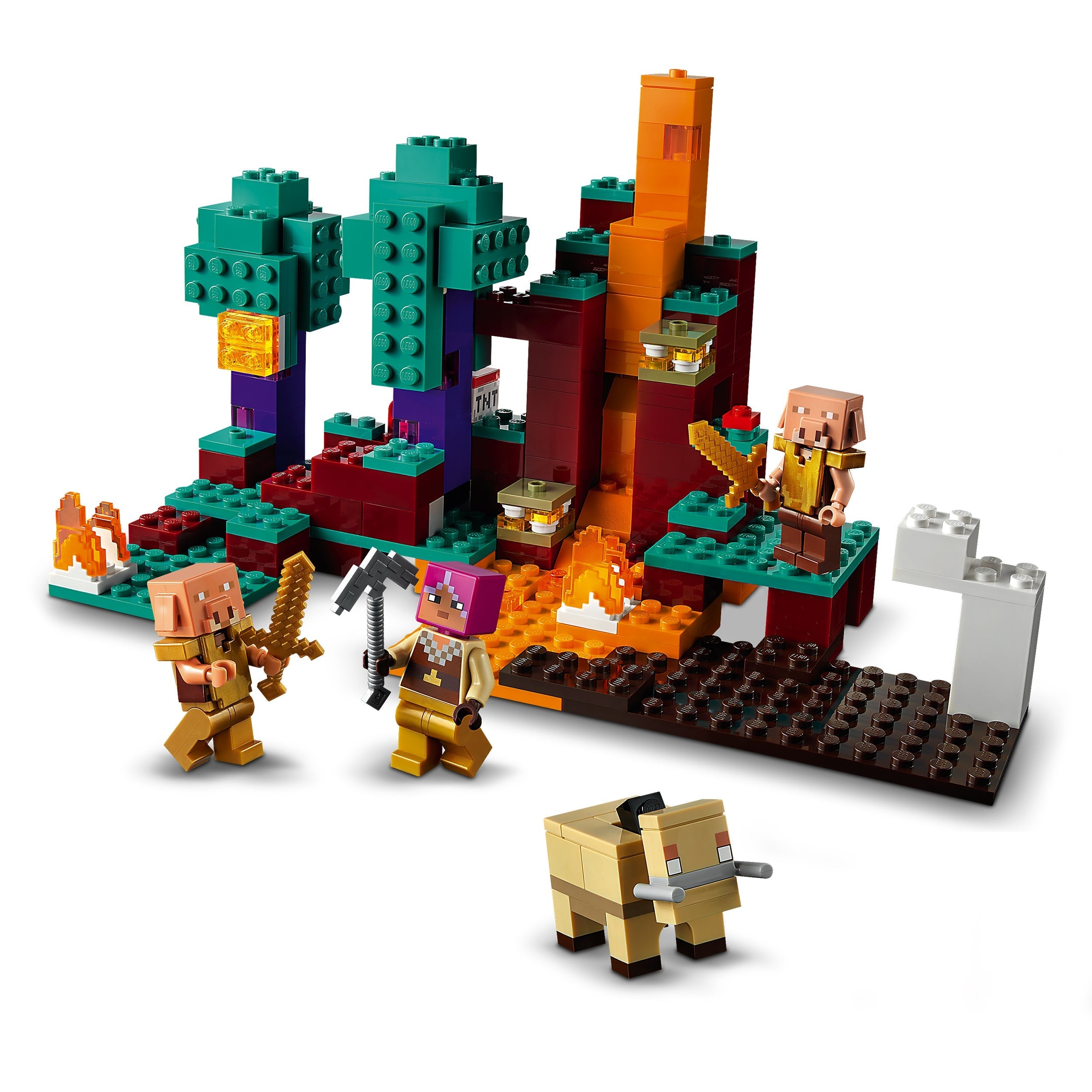 LEGO Minecraft The Warped Forest set 21168 with characters battling in a colorful landscape with lava.