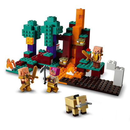LEGO Minecraft The Warped Forest set 21168 with characters battling in a colorful landscape with lava.