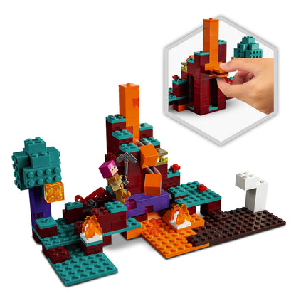 LEGO Minecraft The Warped Forest set 21168 with Huntress battling in a vibrant, lava-filled landscape.