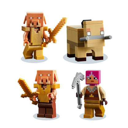 LEGO Minecraft The Warped Forest toy figures featuring Huntress and characters battling in fiery lava adventures.