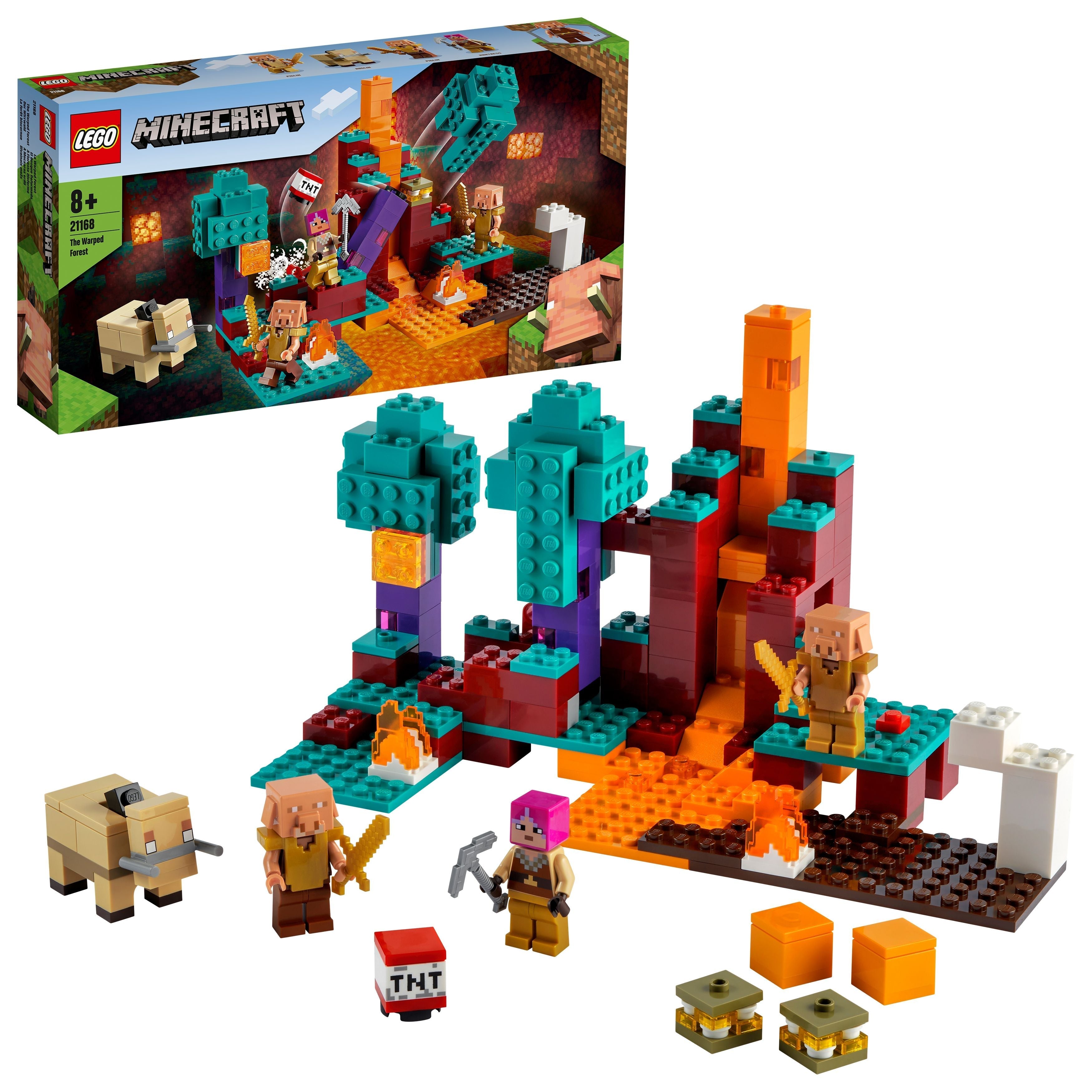 LEGO Minecraft The Warped Forest Building Toy 21168; Huntress battles enemies in a vivid, colorful scene with trees and lava.