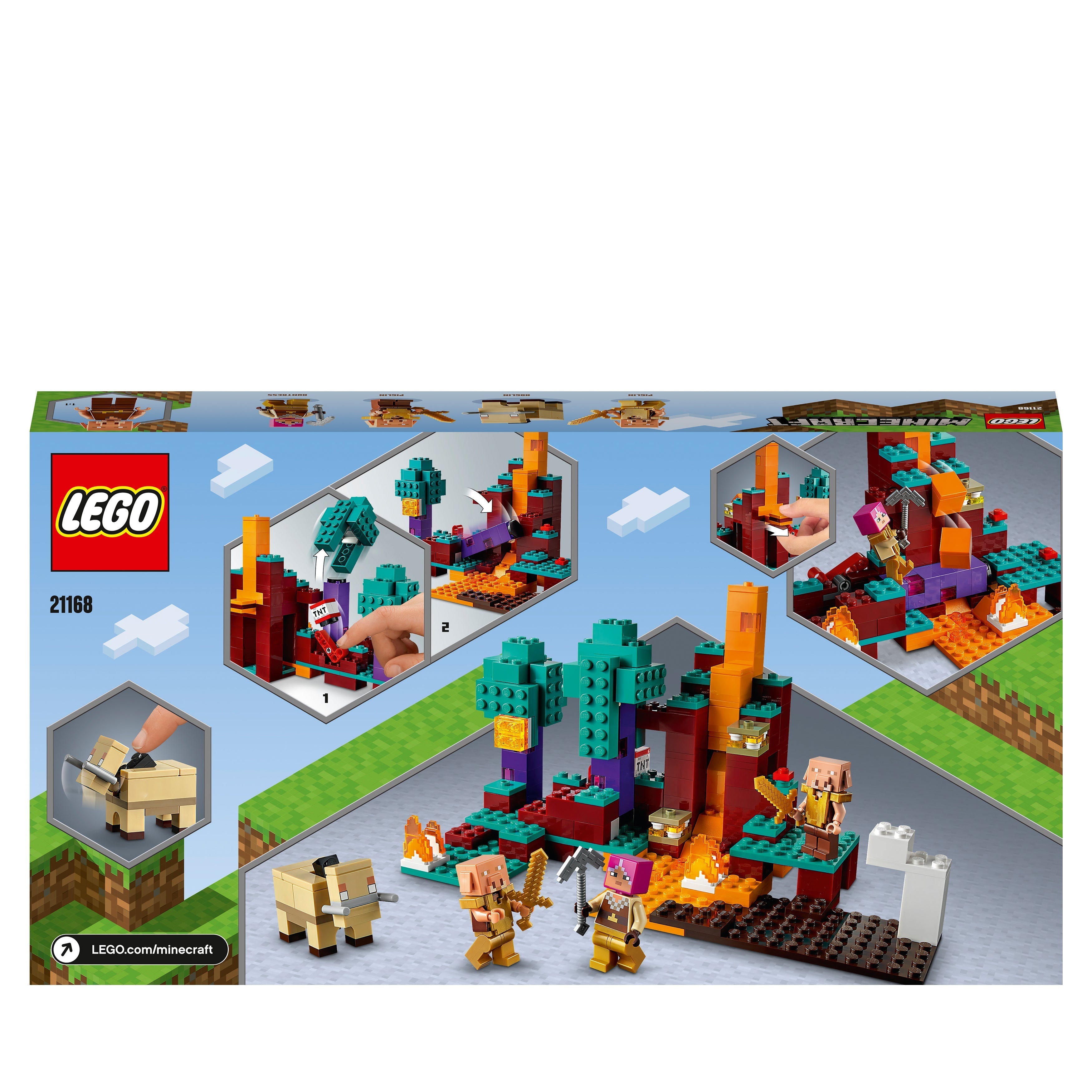 LEGO® Minecraft The Warped Forest Building Toy 21168, featuring the Huntress battling enemies across lava flows.