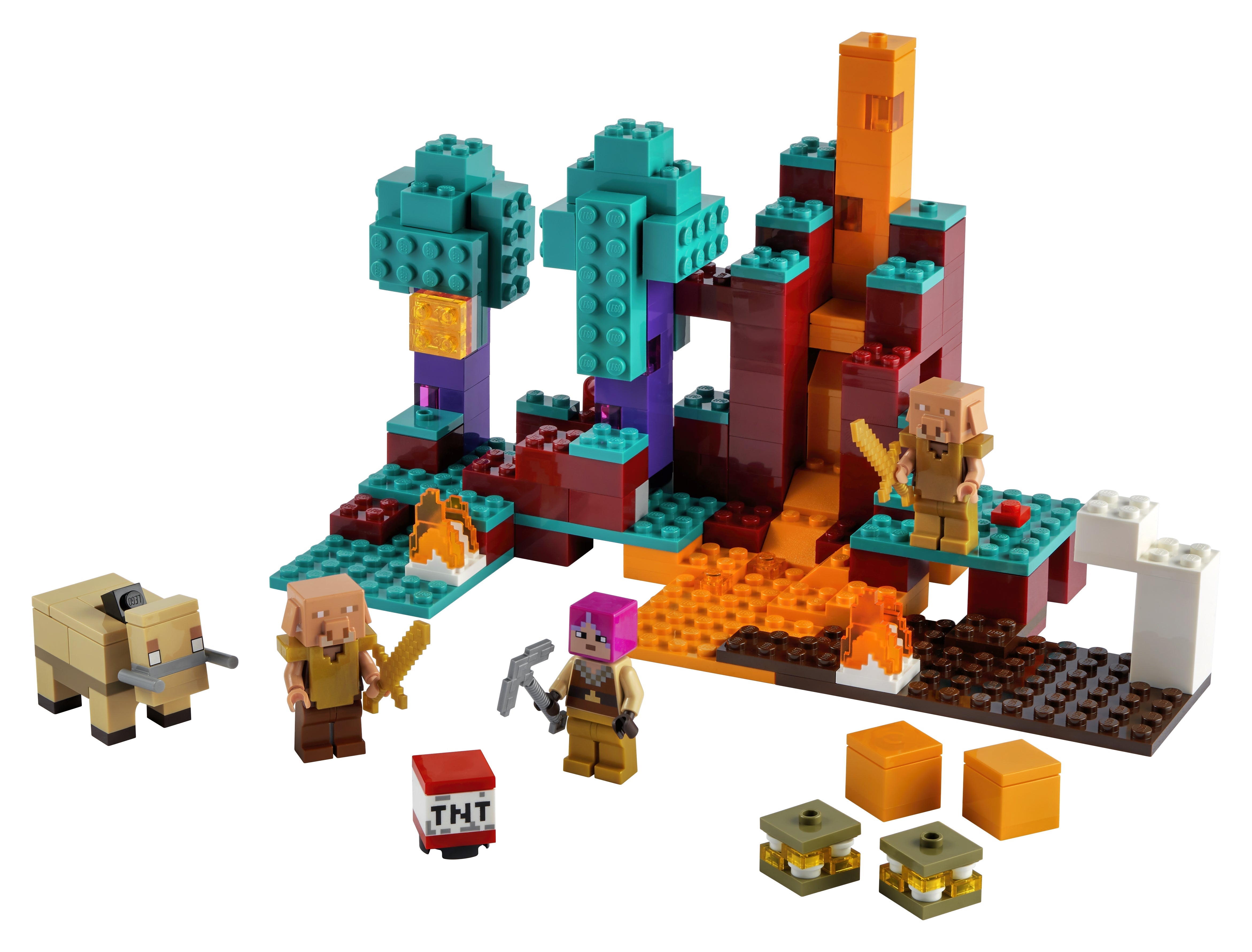 LEGO Minecraft The Warped Forest building set with characters, TNT, and lava scenes for kids' adventures.