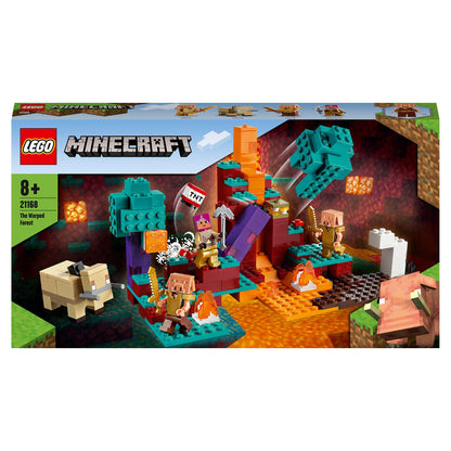 LEGO Minecraft The Warped Forest Building Toy 21168 features Huntress battling enemies in a vibrant, lava-filled landscape.