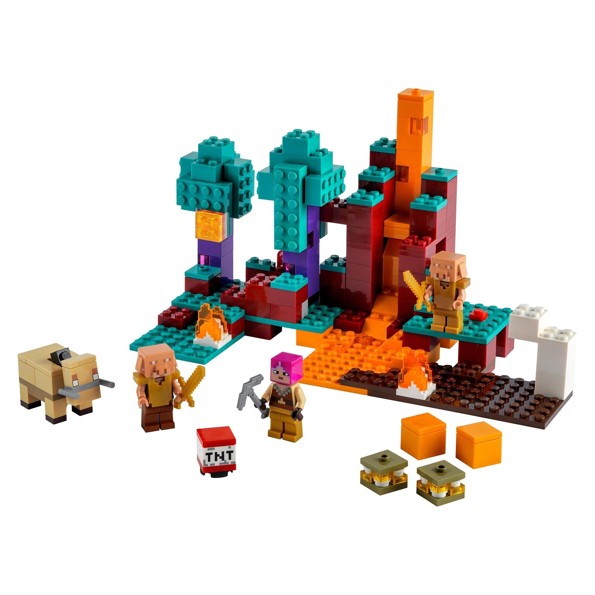 LEGO® Minecraft The Warped Forest set featuring characters, lava flows, and buildable structures for fun adventures.
