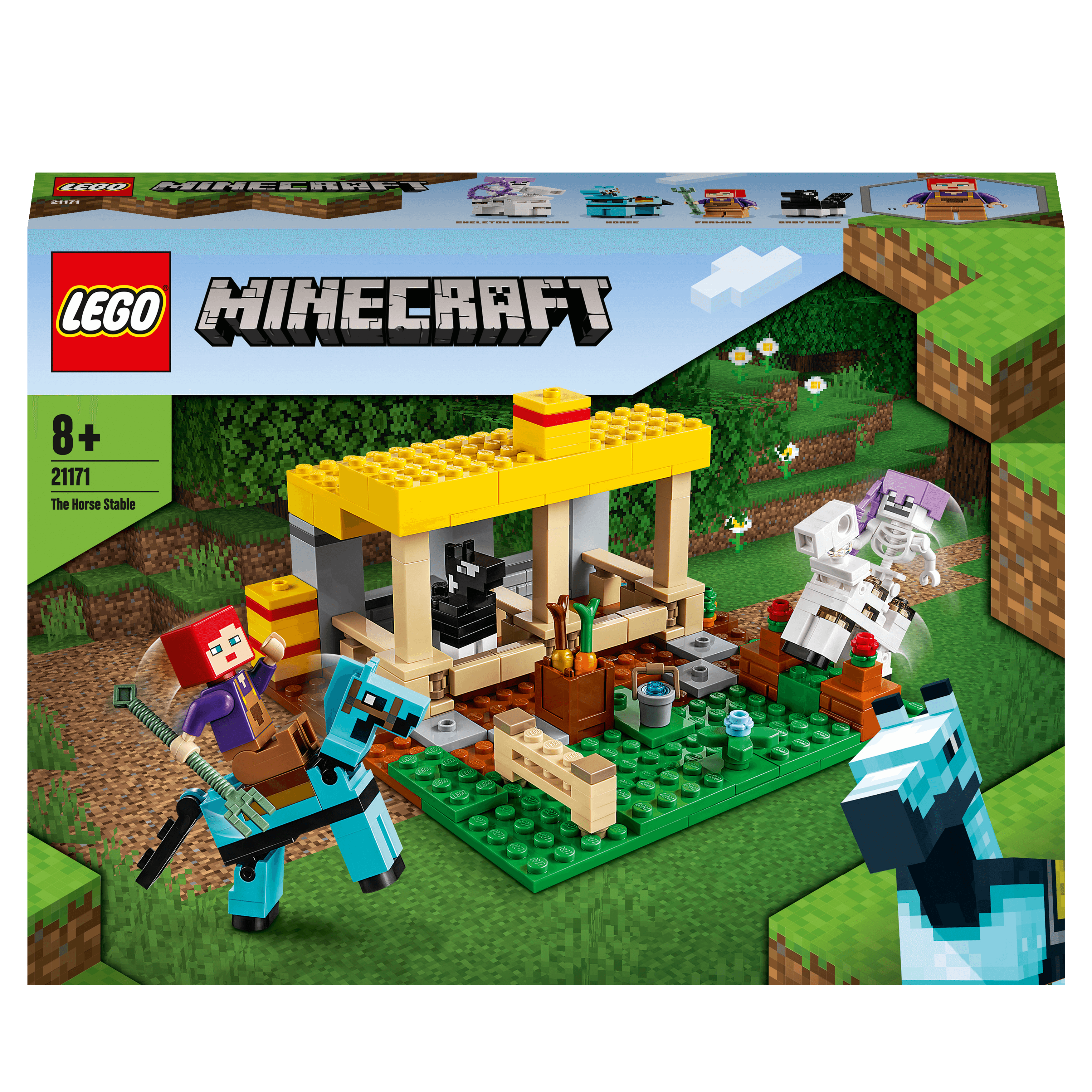 LEGO Minecraft The Horse Stable 21171 with characters, horses, and a skeleton horseman battling in a farm setting.