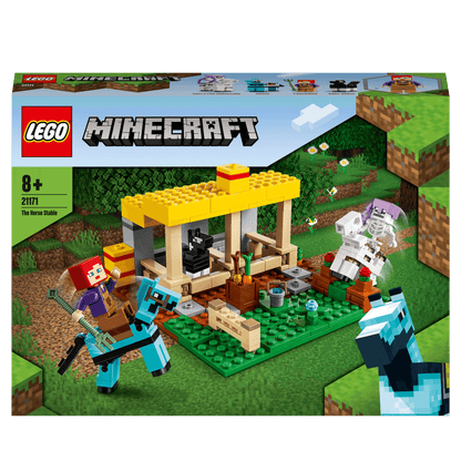LEGO Minecraft The Horse Stable 21171 with characters, horses, and a skeleton horseman battling in a farm setting.