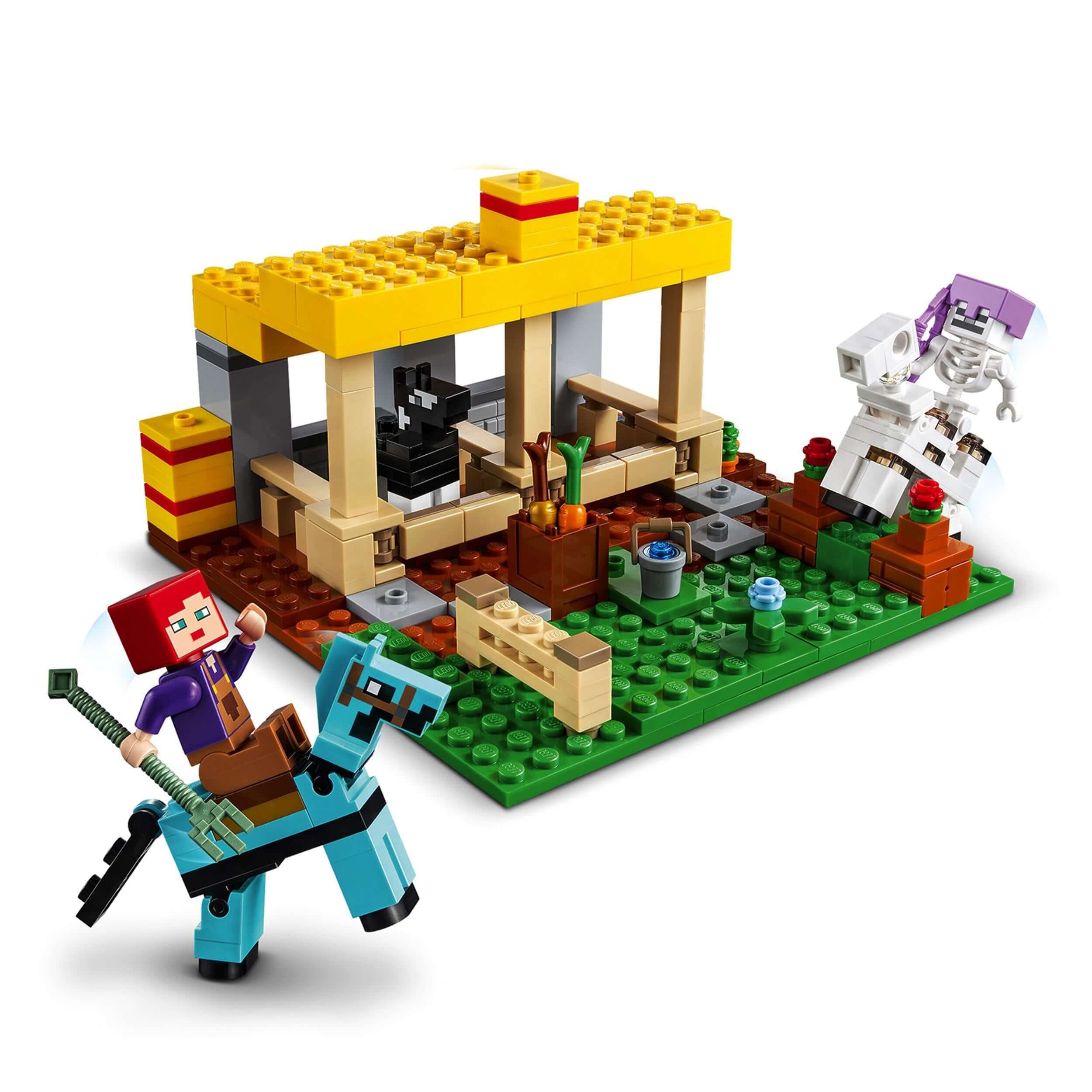 LEGO® Minecraft Horse Stable Farm Toy 21171, featuring horse care, obstacle courses, and a skeleton horseman battle.