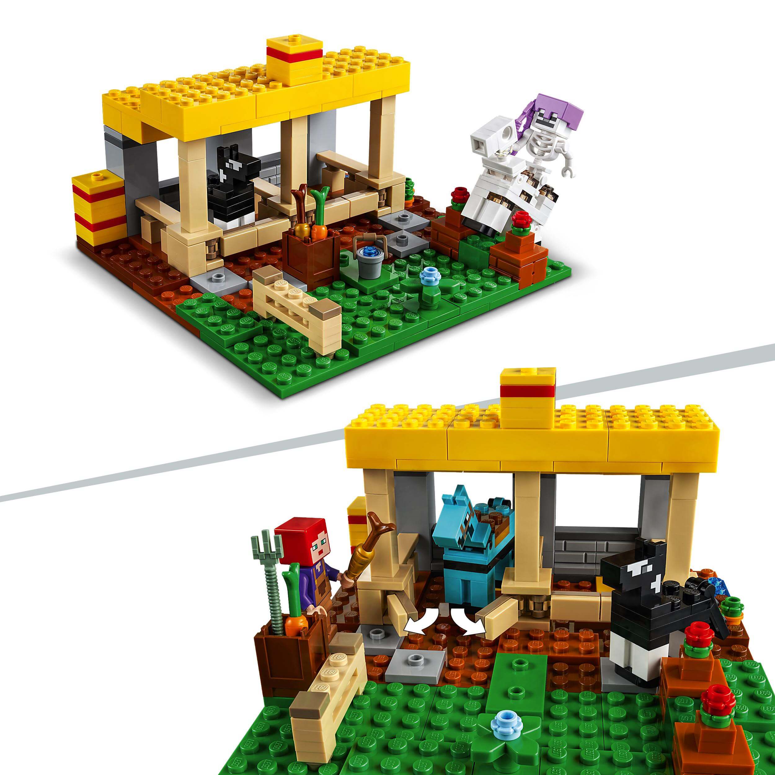 LEGO Minecraft The Horse Stable Farm Toy 21171 featuring horses, characters, and obstacle courses in a colorful build.