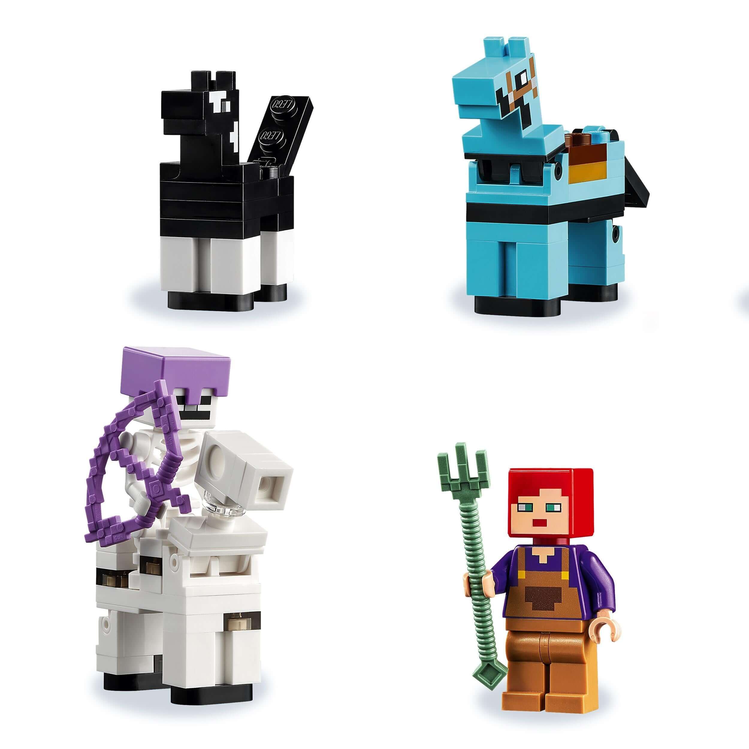 LEGO Minecraft Horse Stable characters including horses, skeleton horseman, and player, perfect for creative play.
