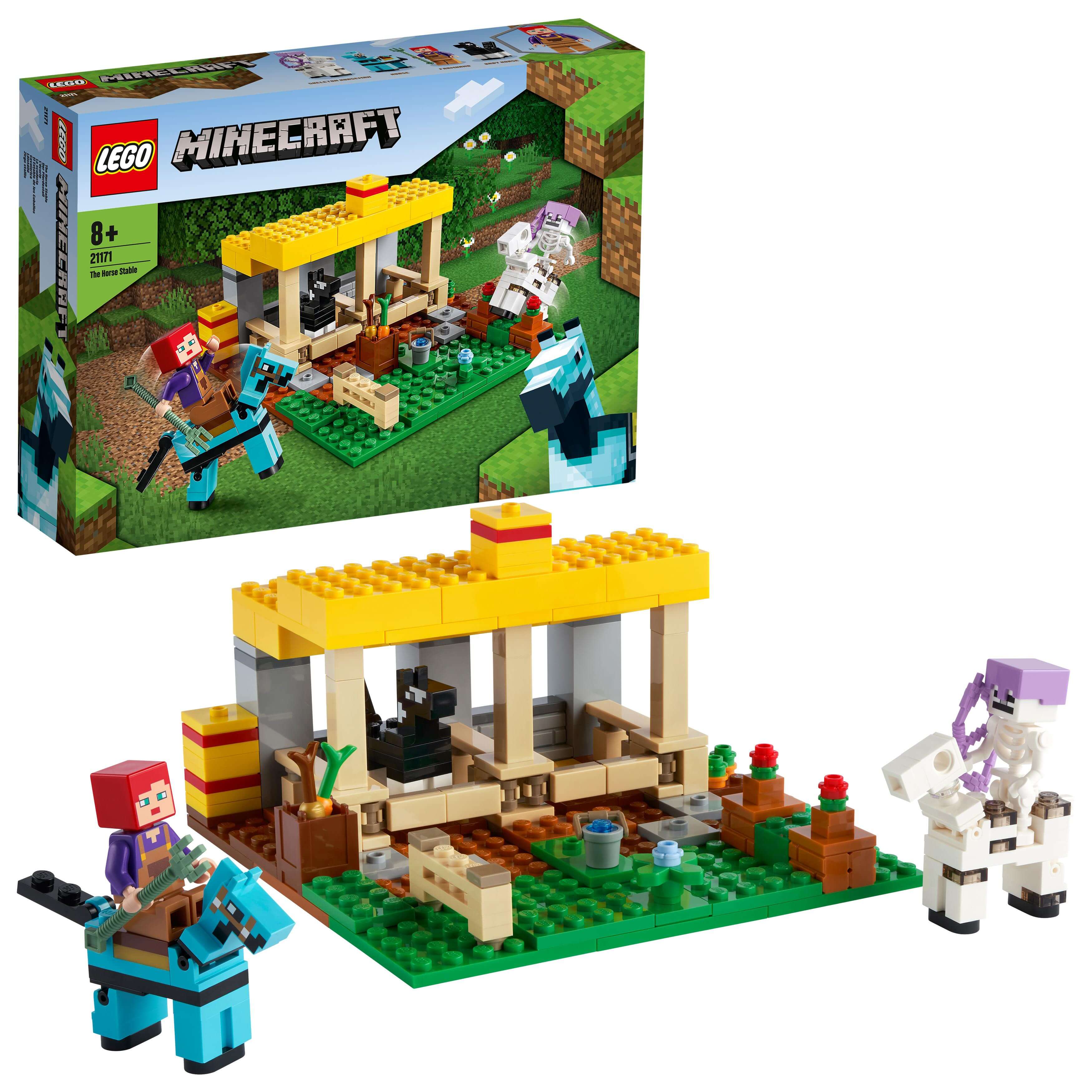LEGO® Minecraft The Horse Stable Farm Toy 21171 with characters and horse figures for creative play.