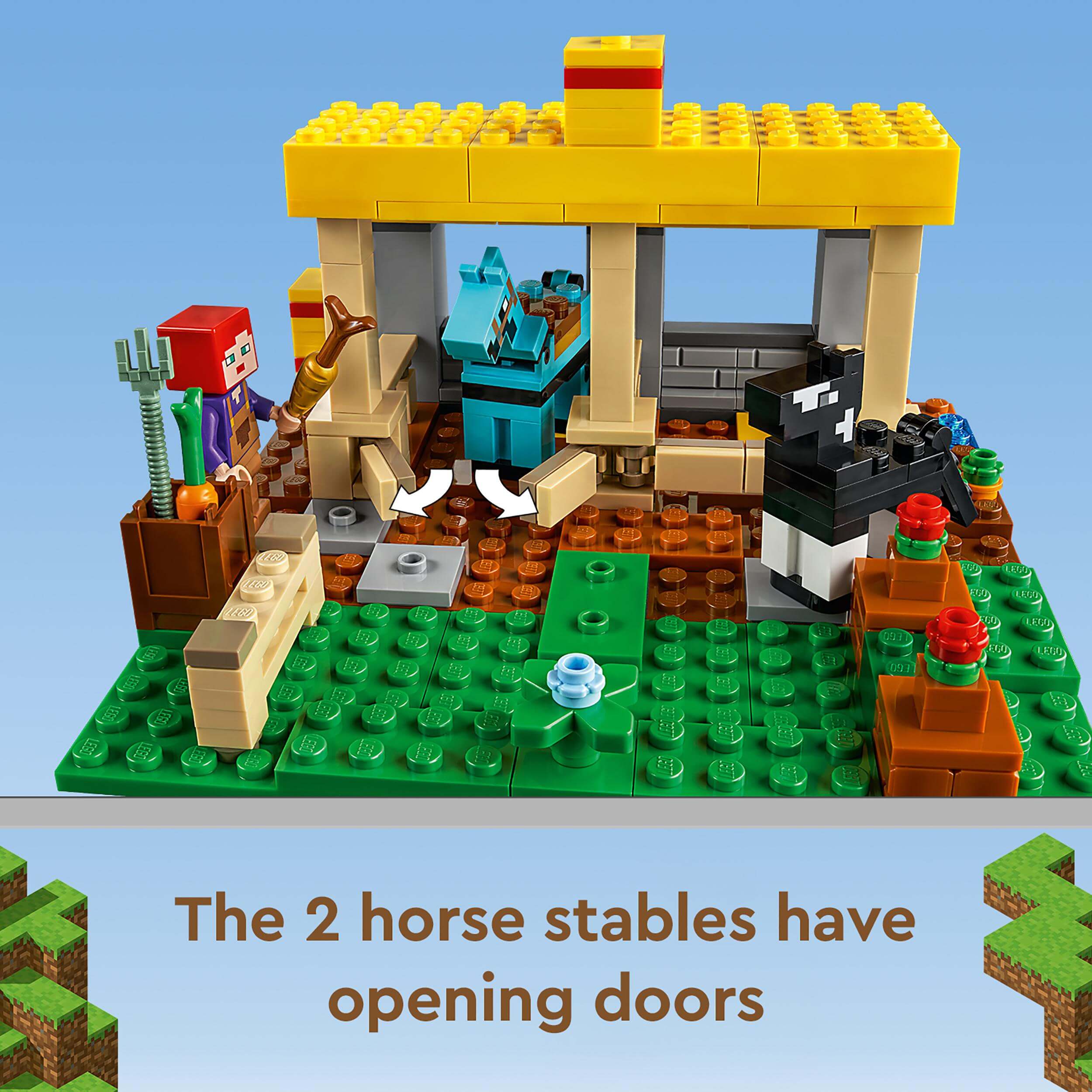 LEGO® Minecraft The Horse Stable set featuring two stables with opening doors and character for imaginative play.