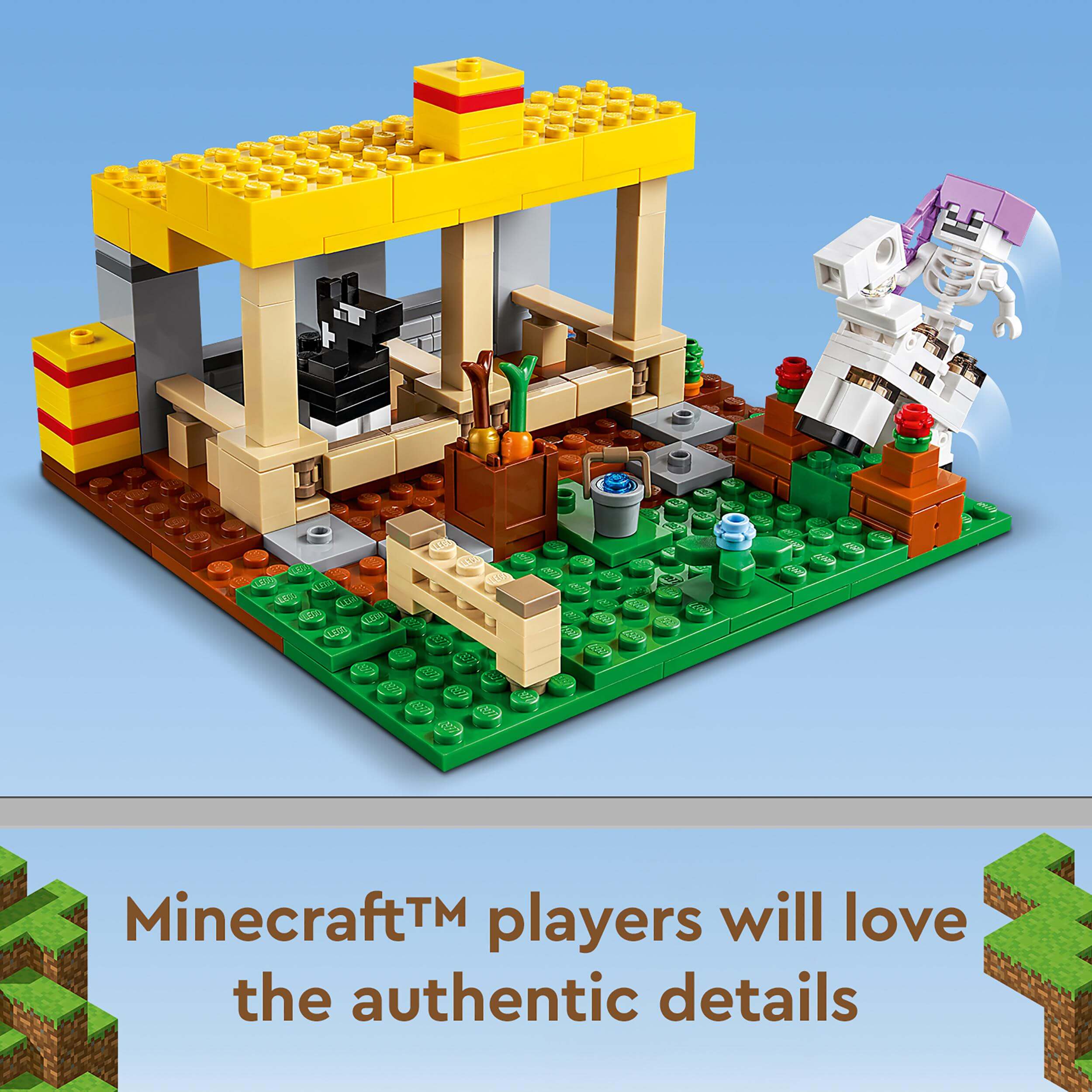 LEGO® Minecraft The Horse Stable Farm Toy 21171 with authentic details, perfect for horse care and battles.