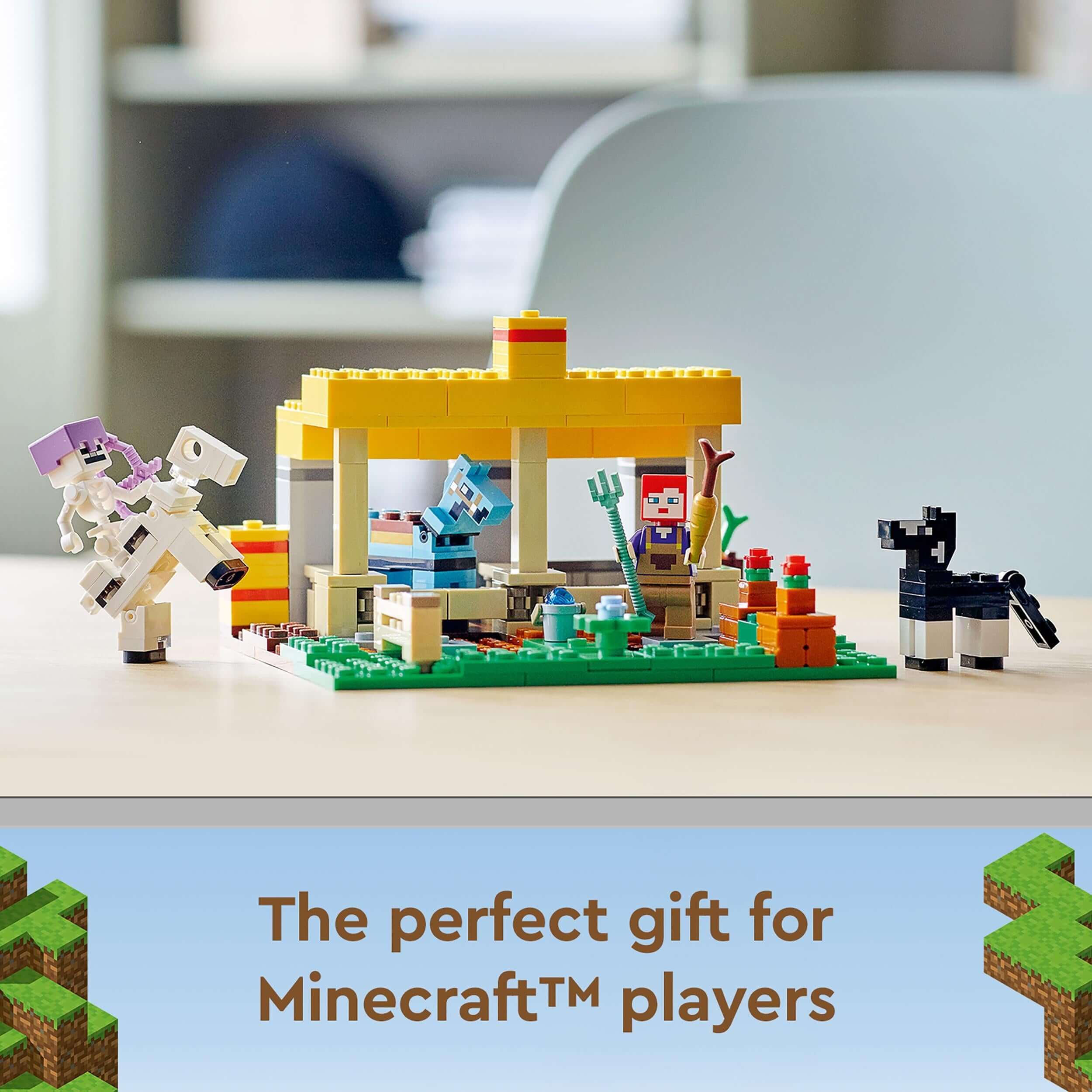 LEGO® Minecraft Horse Stable Farm Toy showing characters and accessories for exciting play and imaginative adventures.