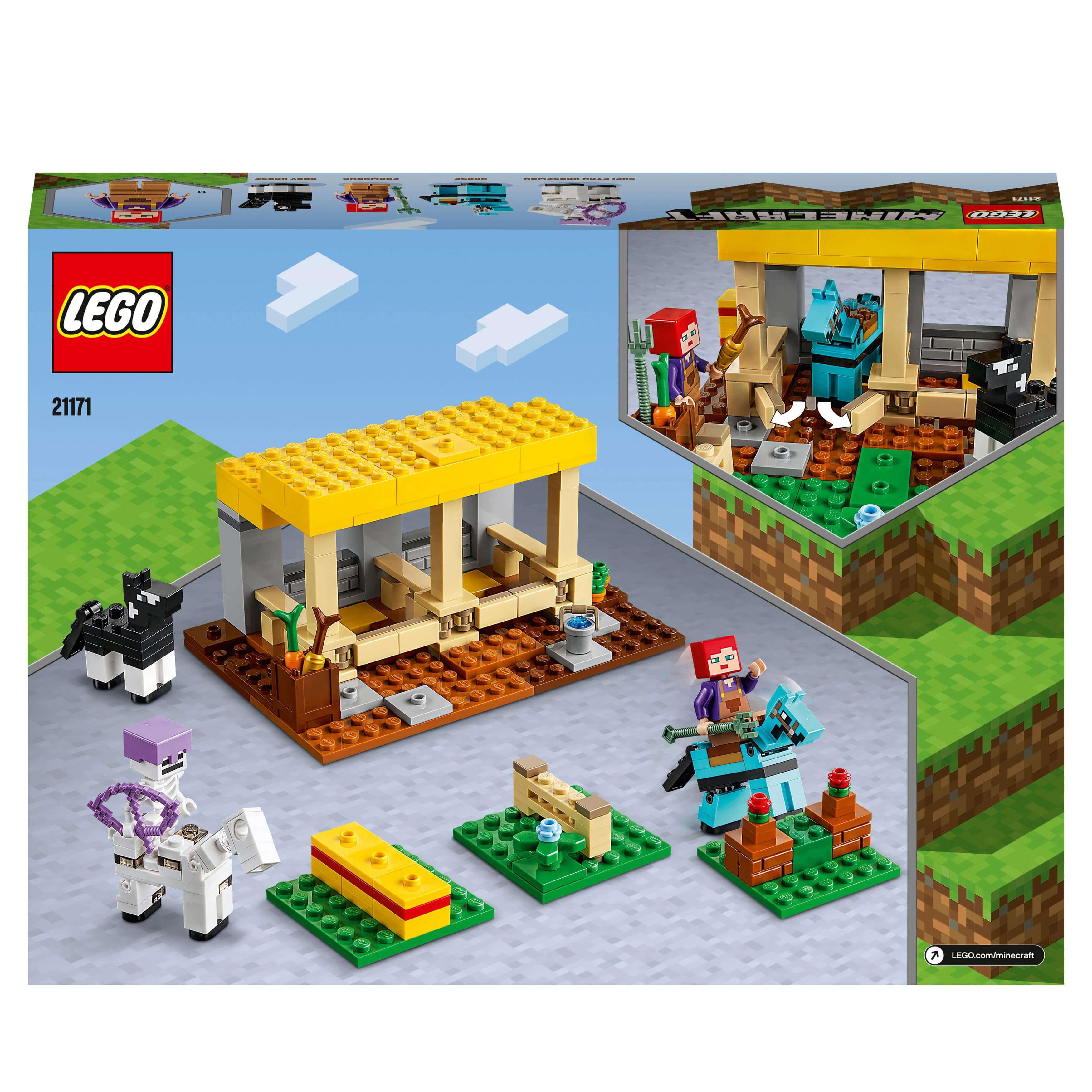 LEGO® Minecraft The Horse Stable Farm Toy 21171, featuring characters, horses, and obstacle course elements for creative play.