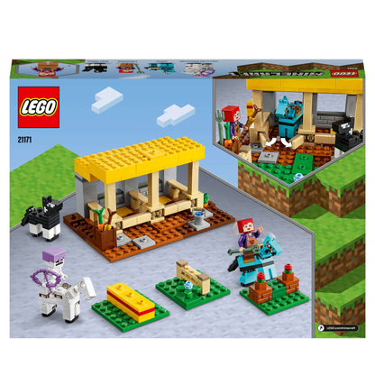 LEGO® Minecraft The Horse Stable Farm Toy 21171, featuring characters, horses, and obstacle course elements for creative play.
