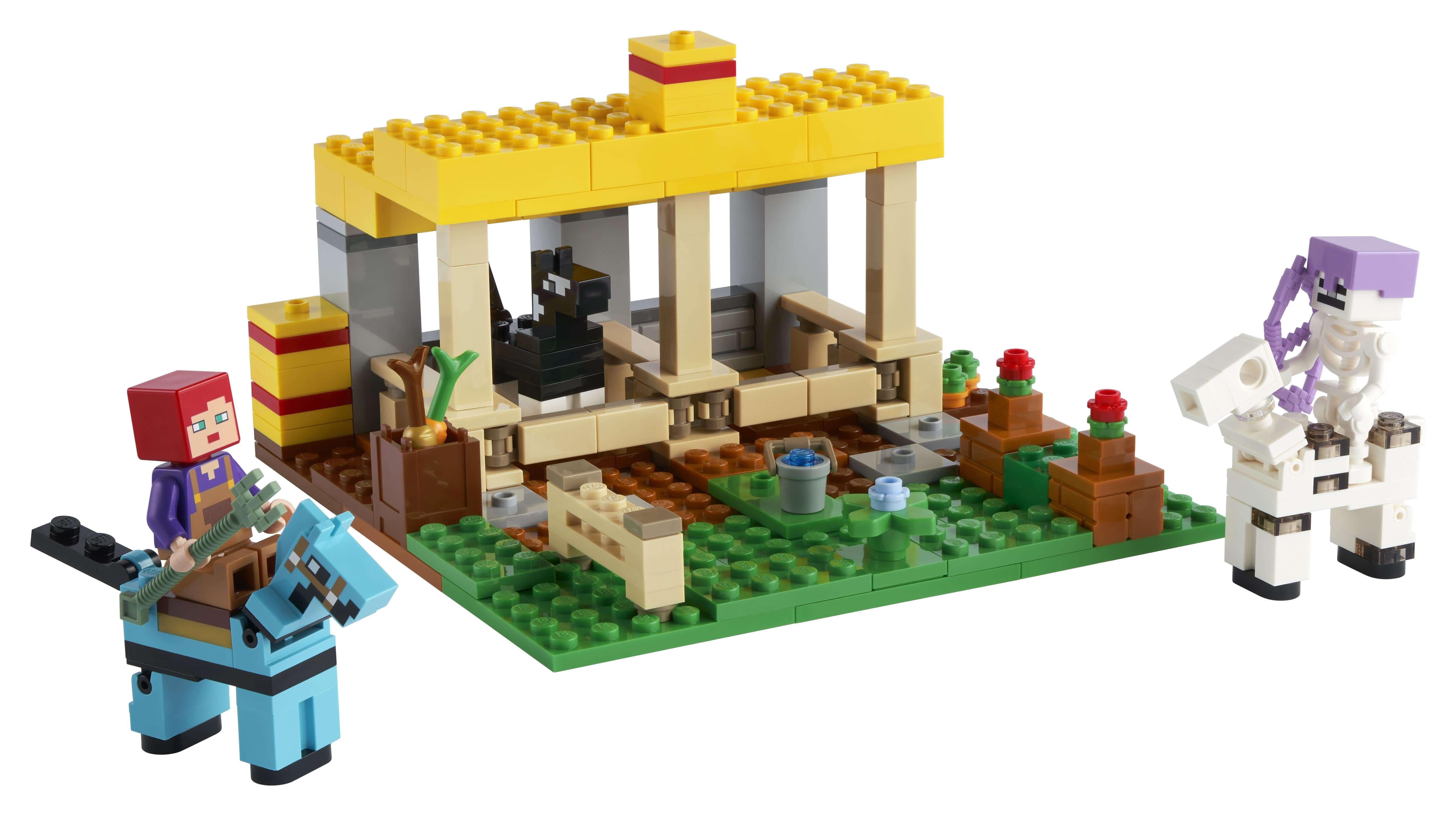 LEGO® Minecraft The Horse Stable Farm Toy 21171 with characters, horses, and obstacle course details.