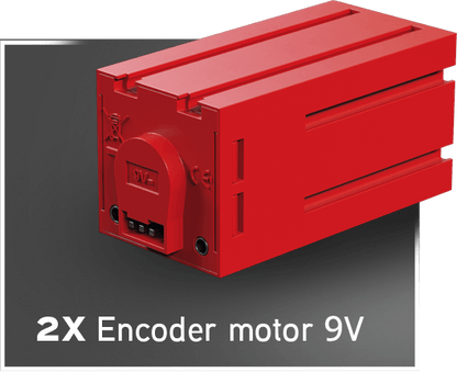 Two 9V encoder motors in a red casing, designed for robotics and coding projects.