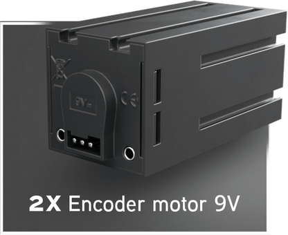 Two 9V encoder motors designed for robotics projects and competitions, showing compact structure and connection ports.