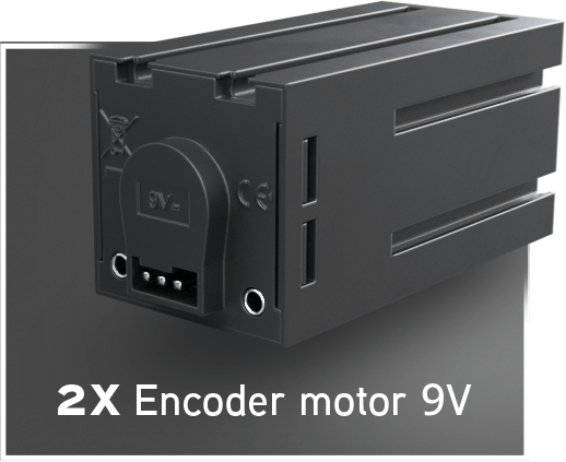 Two 9V encoder motors designed for robotics projects and competitions, showing compact structure and connection ports.