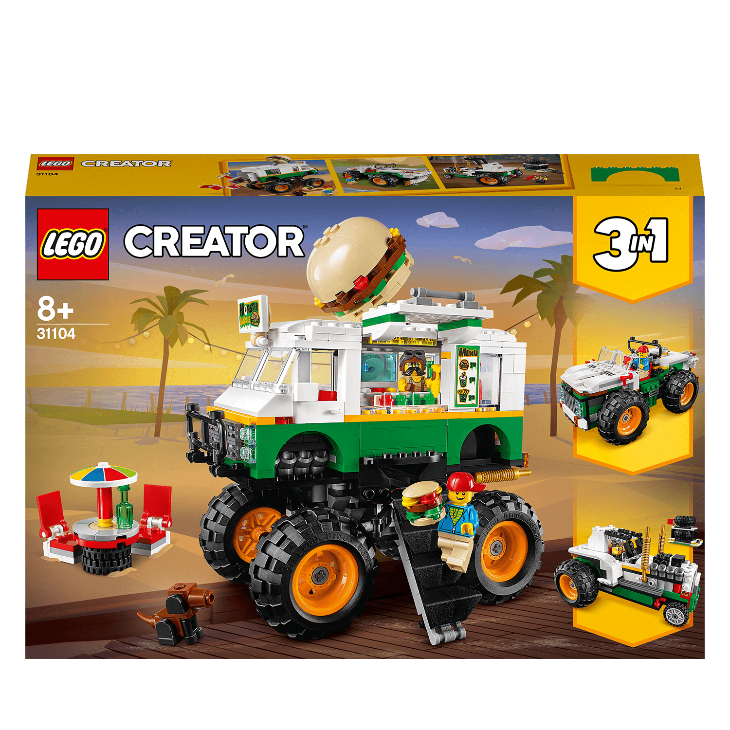 LEGO Creator 3in1 Monster Burger Truck Set 31104 with burger truck, off-roader, and tractor options for creative play.