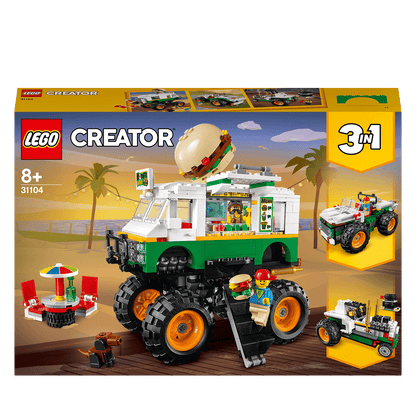 LEGO Creator 3in1 Monster Burger Truck Set 31104 with burger truck, off-roader, and tractor options for creative play.