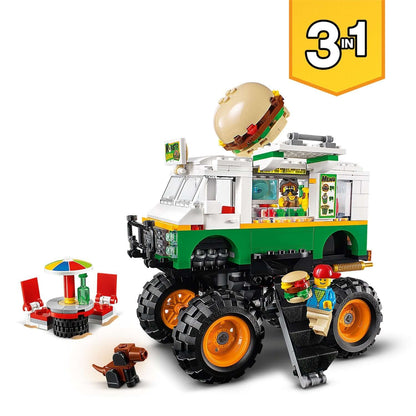 LEGO Creator 3in1 Monster Burger Truck Set 31104 with rebuilding options, featuring burger truck and mini figures.