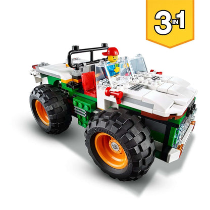 LEGO® Creator 3in1 Monster Burger Truck set 31104, featuring a toy off-roader with big tires and a driver minifigure.