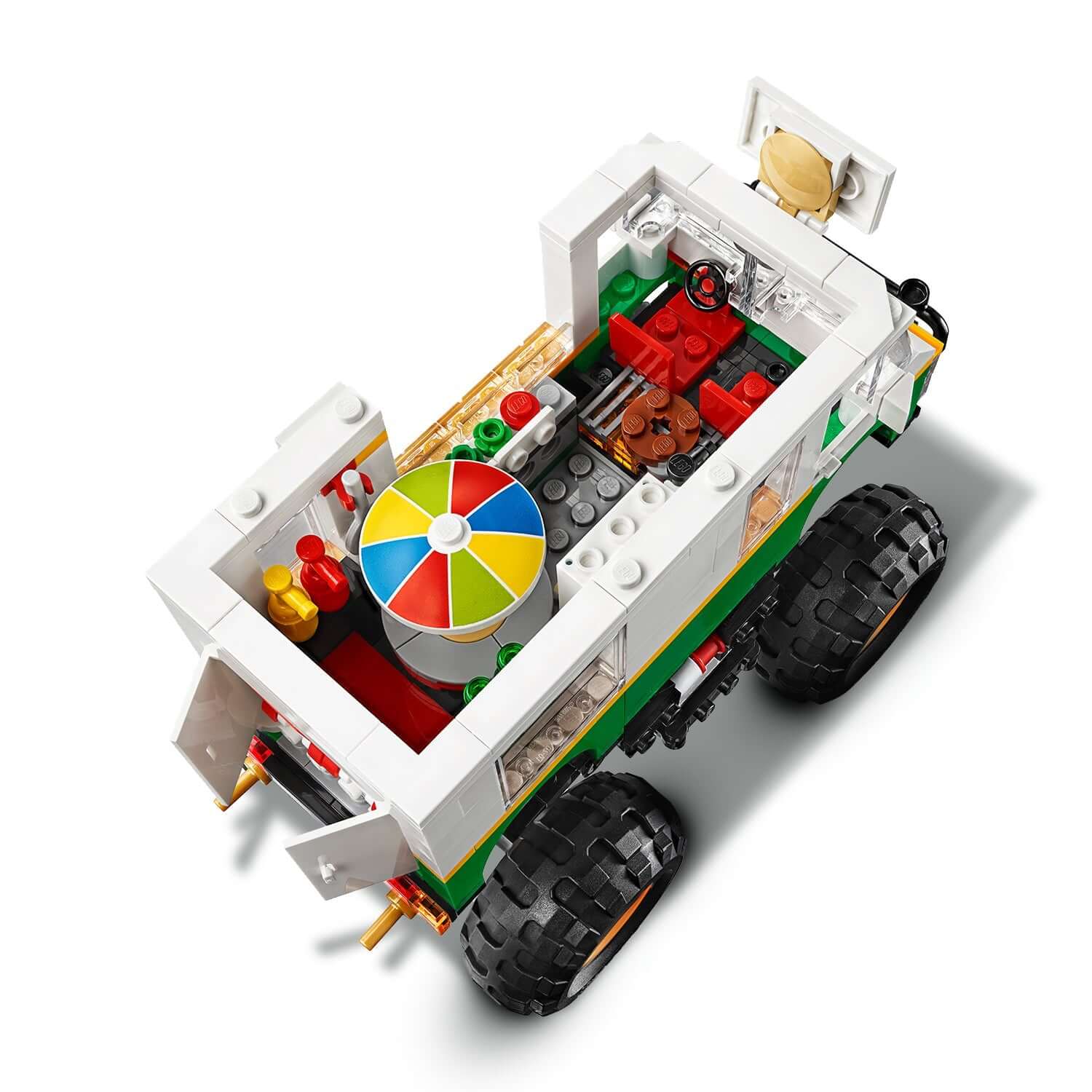 LEGO Creator 3in1 Monster Burger Truck set 31104 with colorful toppings and seating layout for young chefs.