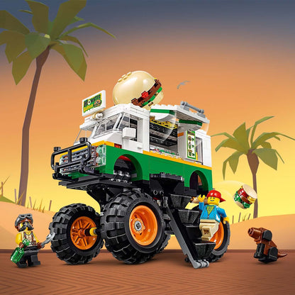 LEGO® Creator 3in1 Monster Burger Truck Set 31104 with young chefs, burger, and off-roading wheels in a sunny desert setting.
