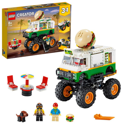 LEGO Creator 3in1 Monster Burger Truck Set 31104 featuring a buildable truck with burger, mini figures, and accessories.