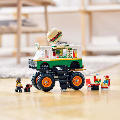 LEGO® Creator 3in1 Monster Burger Truck set 31104 with burger on top and mini figures ready to serve.